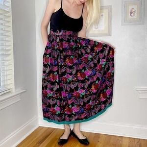 VINTAGE Oscar de la Renta Silk Black Floral Paisley A-line Full Maxi Skirt